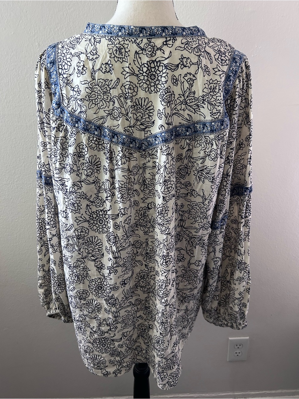Blue Cream Pleated Floral Peasant Top Boho Prairie Cottagecore Western Large - Picture 2 of 7